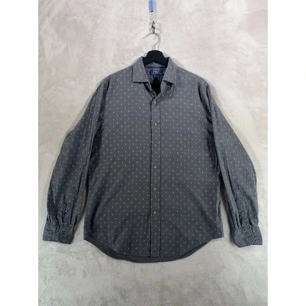 Polo Ralph Lauren Button Down Shirt Mens Medium Gray Geometric Print Cotton